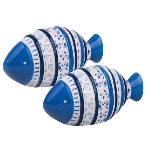 Global Tides Tropical Fish Salt Pepper Shaker Set Ceramic Coastal Blue White… - Picture 2 of 12
